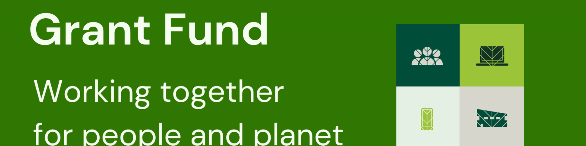 Green Libraries Scotland Grant Fund - working together for people and planet. With white text on a forest green background and icons representing sustainable communities, buildings and technology.