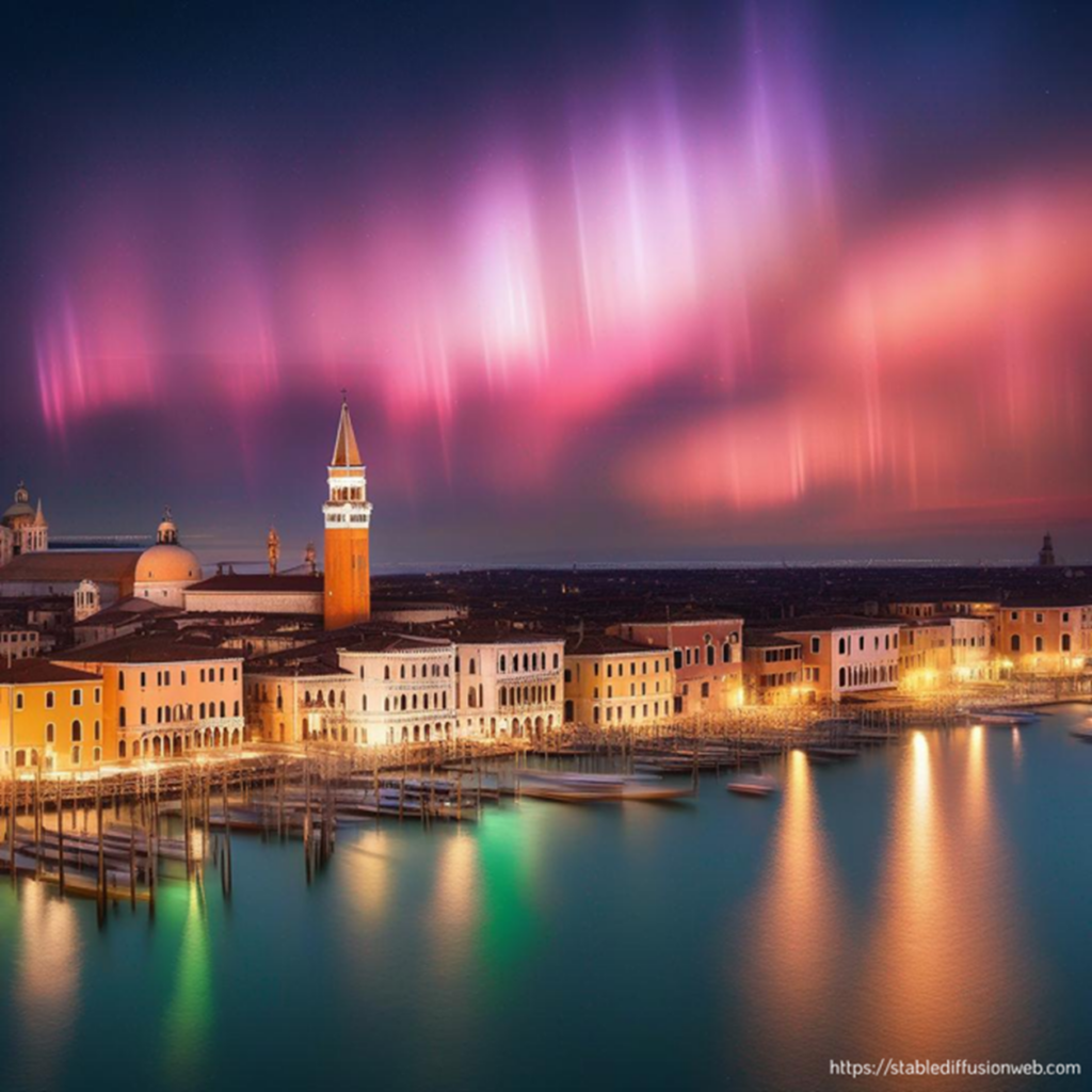 AI generated Northern Lights above the city of Venice, Italy