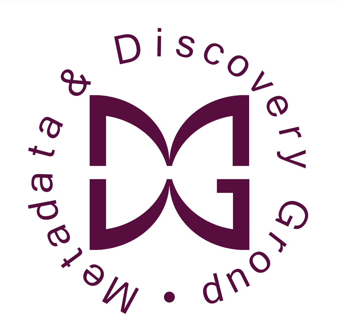 Purple letters on a white backdrop. Metadata and Discovery Group logo.