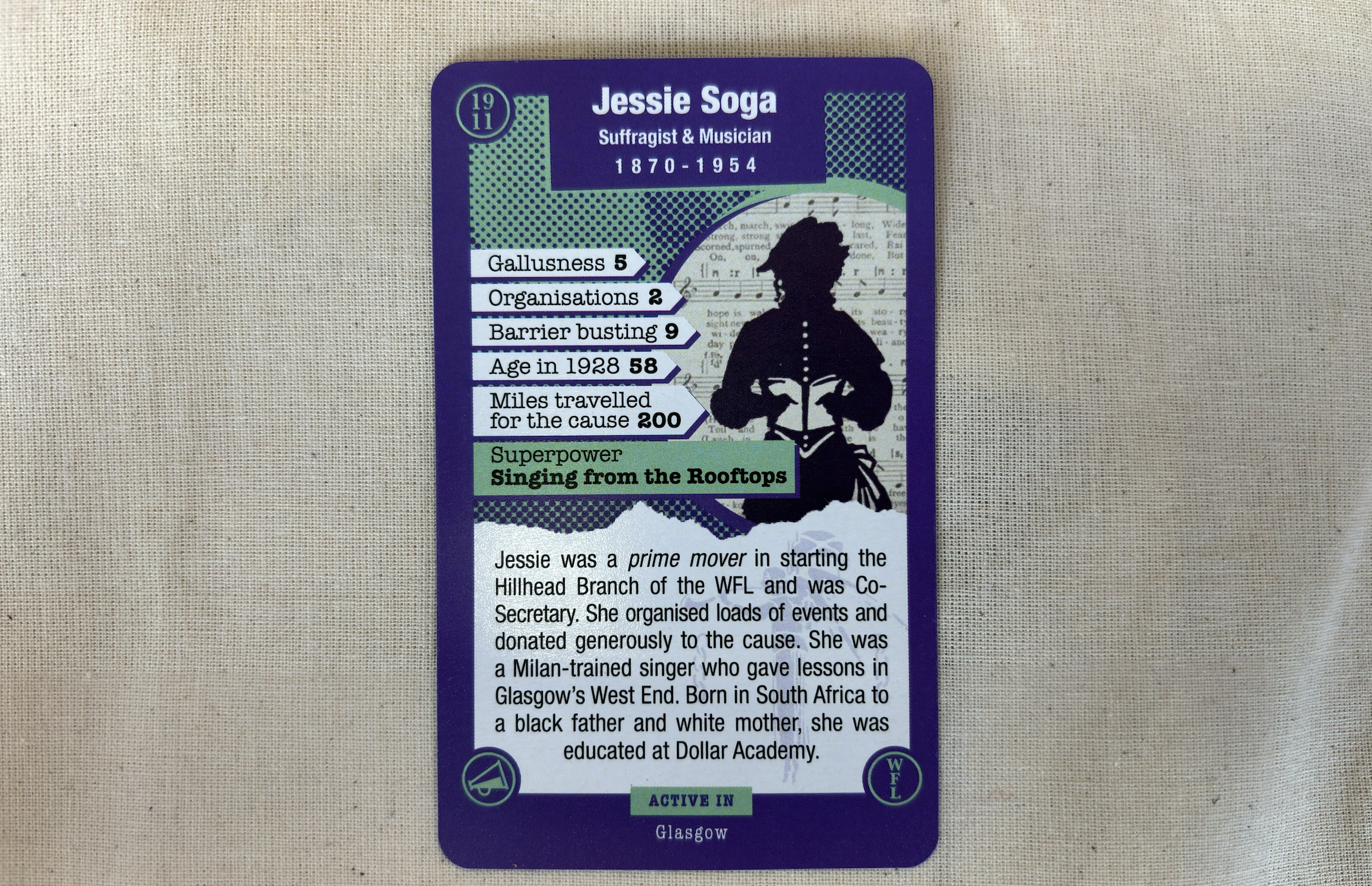 jessie M Soga Suffragette Card, green and purple top trump like card.