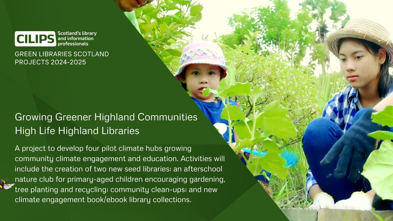 Growing Greener Highland Communities at High Life Highland Libraries, a Green Libraries Scotland Grant project 2024-25. Showing a family studying plants in a garden.