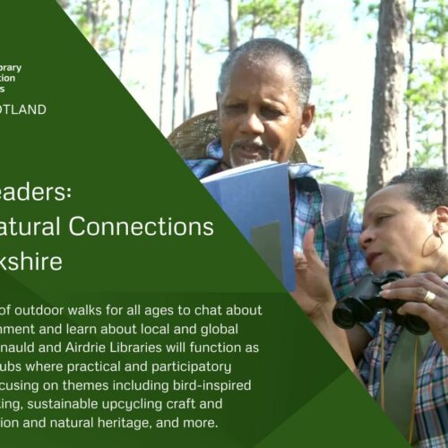 Rambling Readers: Nurturing Natural Connections at North Lanarkshire Libraries, a Green Libraries Scotland Grant Fund project 2024-25. Showing two people reading a map in a forest.