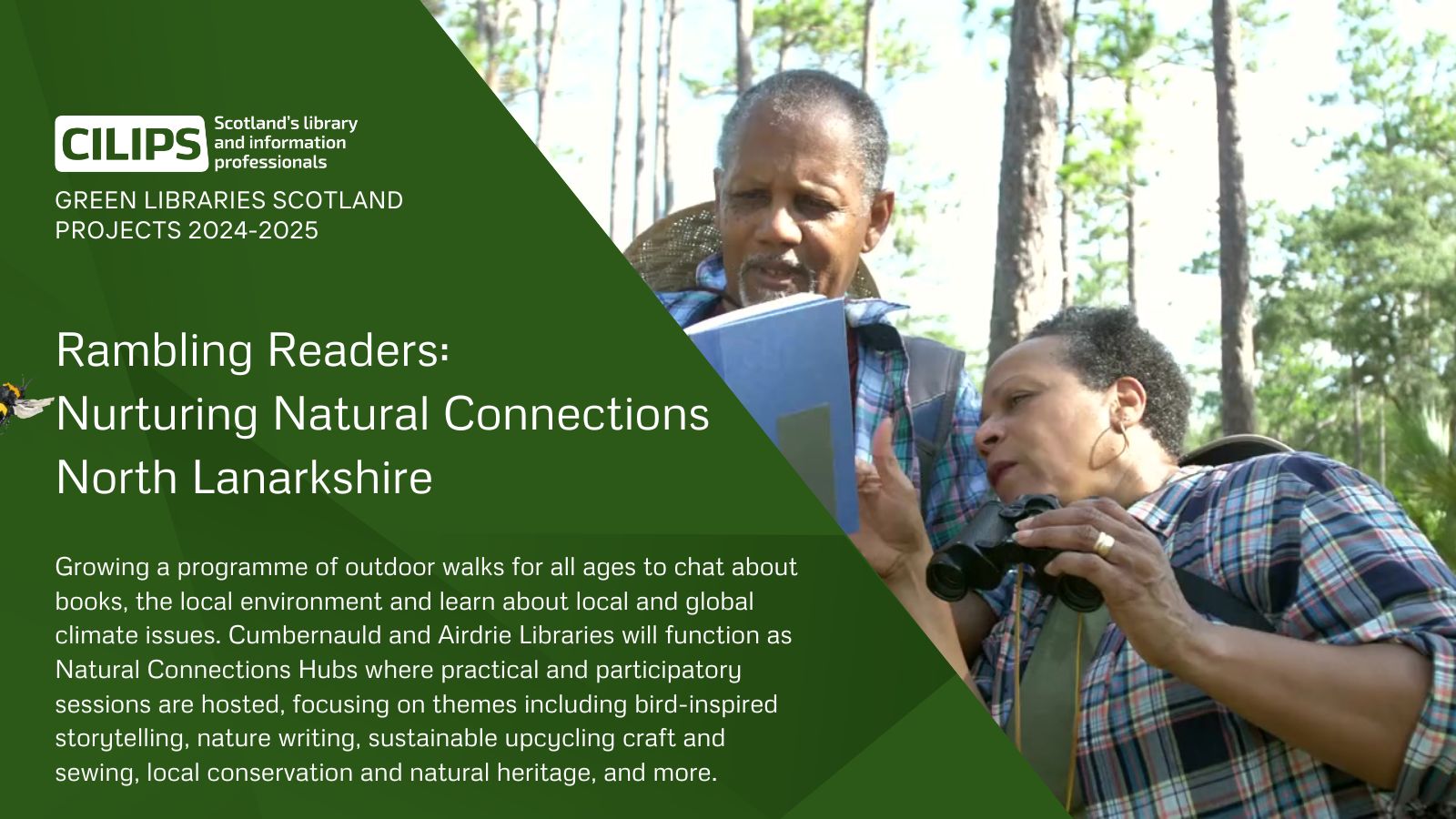 Rambling Readers: Nurturing Natural Connections at North Lanarkshire Libraries, a Green Libraries Scotland Grant Fund project 2024-25. Showing two people reading a map in a forest.