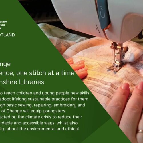 Threads of Change at West Dunbartonshire Libraries, a Green Libraries Scotland Grant Fund project. Showing a person's hands working on a sewing machine.