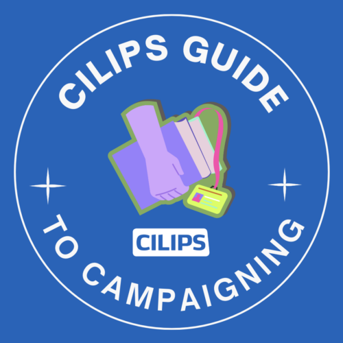 Blue backdrop with a white circle in the middle. Within the white circle it reads, 'CILIPS Guide to Campaigning.' With a purple and blue hand holding a stack of books and a library card.