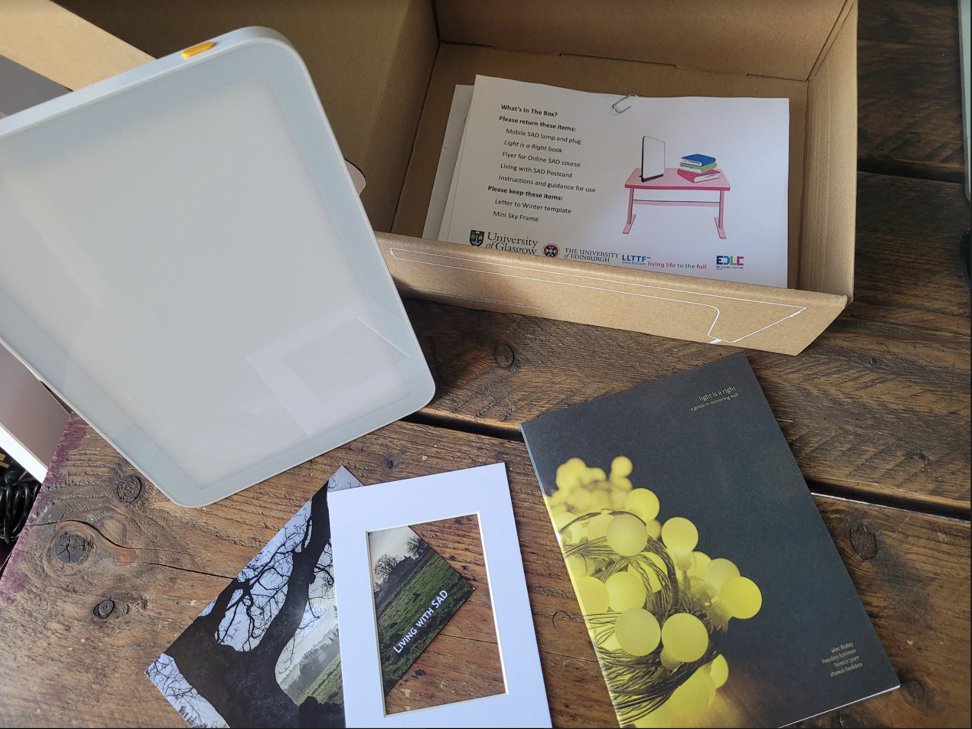 A photograph of a wintering well box, including a guidebook, a SAD lamp & plug, a frame and support material.