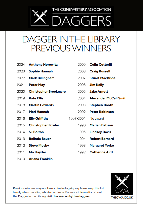 A list of past winners of the Dagger in the Library Award.