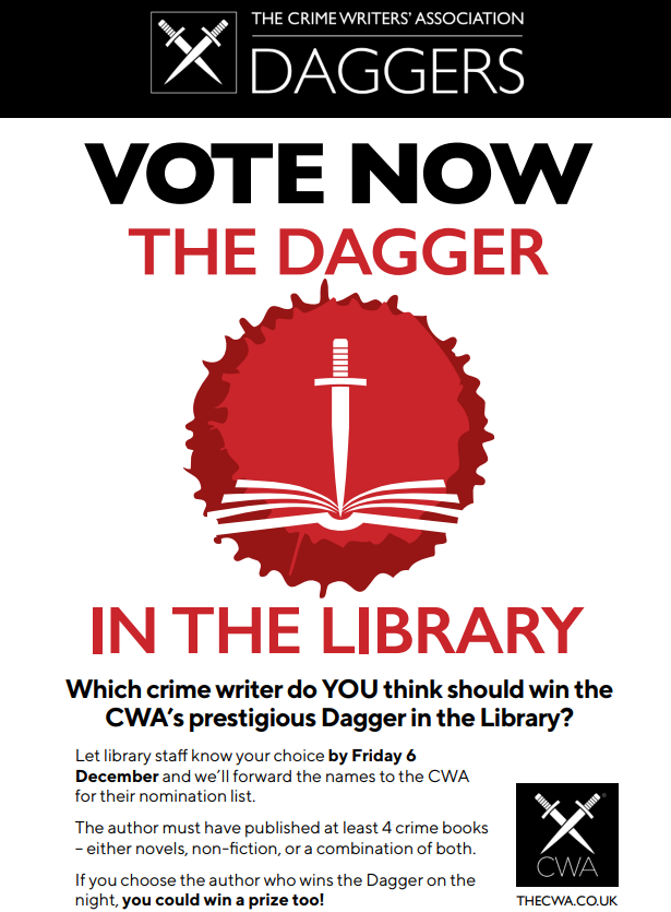 A poster encouraging library users to vote now for the winner of the Dagger in the Library Award.