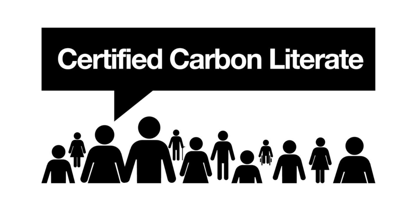 Certified Carbon Literate: a black and white badge showing a diverse range of individuals.