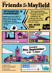 A Friends of the Mayfield graphic novel-style poster for Mayfield Secret Garden at Stirling Libraries.