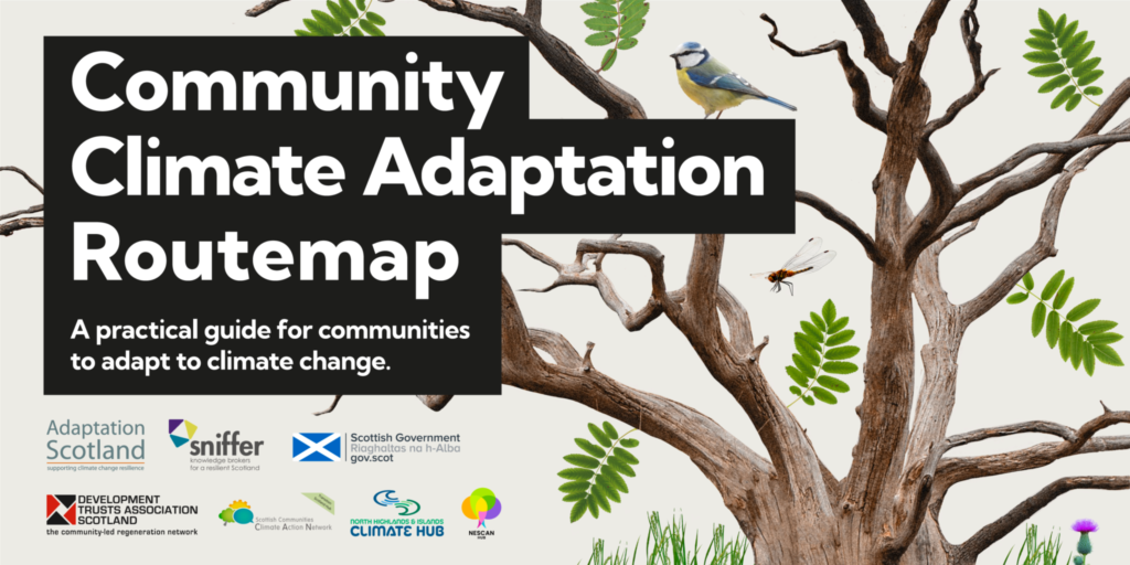 Community Climate Adaptation Routemap. With an illustration of a leafy tree representing different approaches to adaptation.